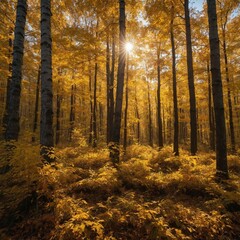 Fototapeta premium A golden forest in early autumn, the sun shining brightly, leaves glowing with warm colors.