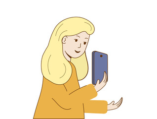 Girl holding the phone in his hand in front of his face and looking at smartphone. Woman looks at her phone screen. Girl stands and talks on video call. Takes pictures. Vector illustration.