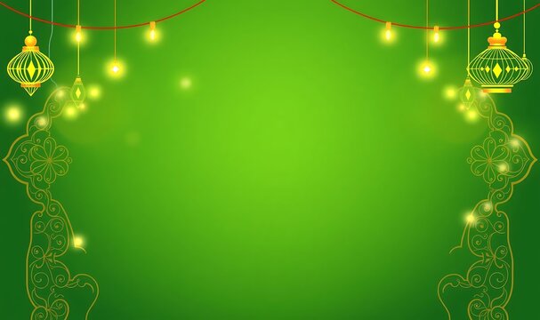 A stylish green Eid background with shimmering lights, Islamic patterns, and ketupat elements, leaving space for personalized teGreen shine background with ketupatxt, 