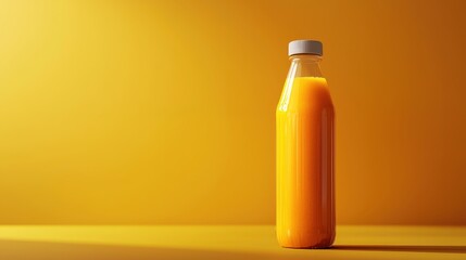 Refreshing orange juice bottle on vibrant yellow background studio setup beverage photography