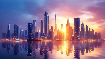 Fototapeta premium Dubai Skyline at Sunset: A Stunning Panorama of Modern Architecture