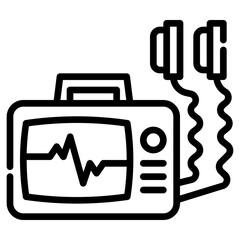 Defibrillator. This is a vector single icon with a dashed line style. It is suitable for any purpose, such as website design, mobile app design, logo design, etc.