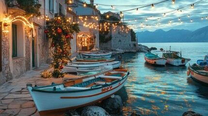 Coastal Christmas Eve, harbor boats, lights