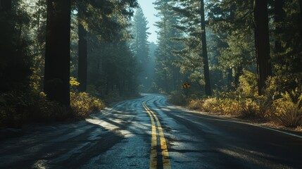 Obraz premium Misty forest road, sunlit curve