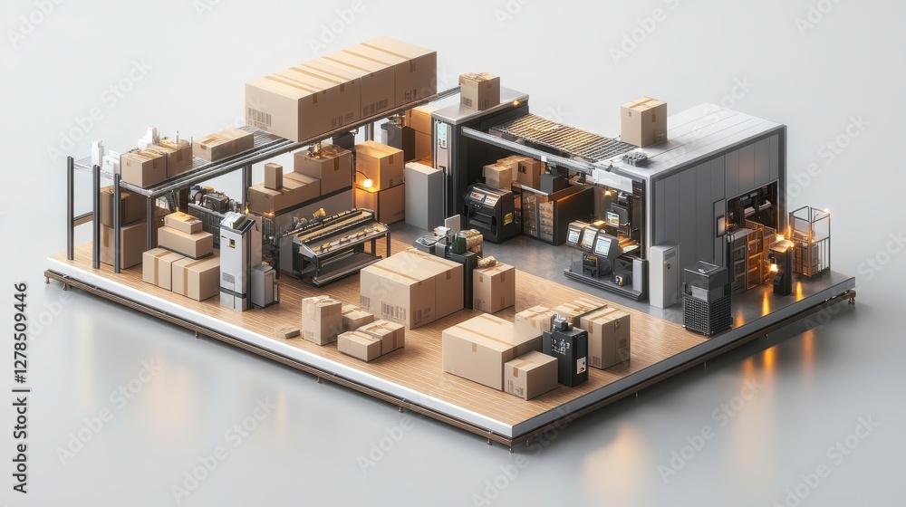 Poster a detailed miniature model of a warehouse filled with stacked boxes, machinery, and various storage 