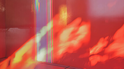 Prismatic red wall texture with vibrant rainbow light effects for creative design