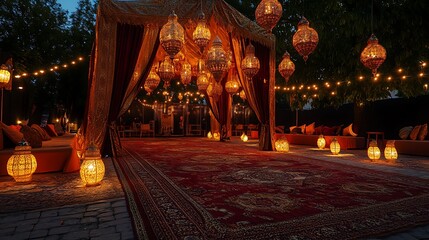 Fototapeta premium Outdoor Lounge Area with Oriental Decoration and String Lights at Night