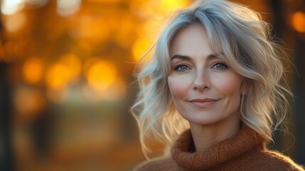Obraz premium Thoughtful middle-aged blonde woman in autumn park