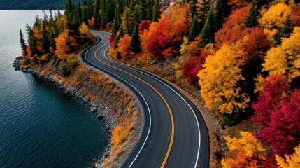 Canada Rocky Mountains road in fall, winding scenic drive, surrounded by breathtaking foliage, high-altitude autumn beauty