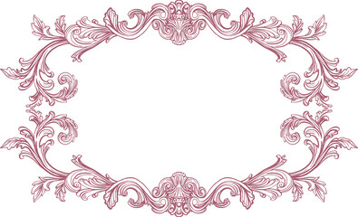 Botanical line illustration (frame) in toile de jouy style on transparent background. Digital contour illustration in vintage style for branding, advertising, wedding design.