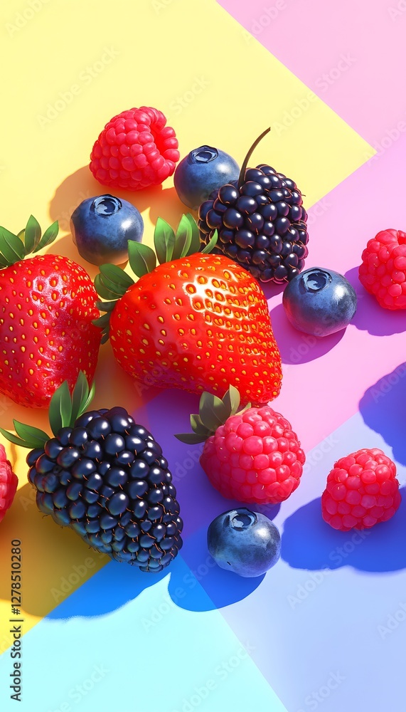 Poster assorted fresh berries and strawberries displayed on colorful background