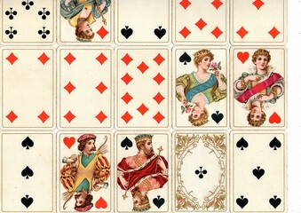 A montage of vintage playing cards in different suits.