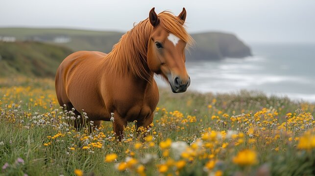 Wild pony feeding on the Pembrokeshire coastal path in Wales