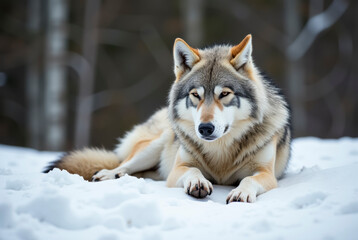 Naklejka premium A wolf with a stern expression rests in the snow.