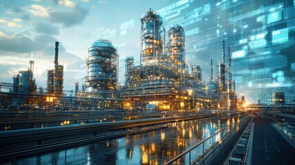Fototapeta premium A futuristic industrial landscape showcasing illuminated refineries and data overlays, reflecting innovation in manufacturing and energy.