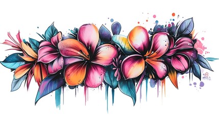 Obraz premium Vibrant Floral Botanical Watercolor Painting with Dripping Effects