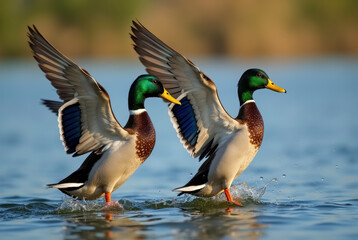 Obraz premium Two mallard ducks landing on water with wings spread; one male and one female; clear water, sunny day; wildlife, nature, birds, duckling, waterfowl, plumage, flight, landing, action, outdoor
