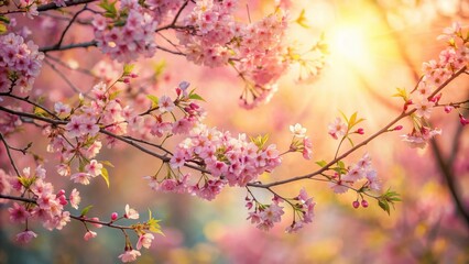 Obraz premium A blooming tree with delicate pink flowers against a soft pastel background and warm sunlight filtering through the leaves in spring , blossoms, spring
