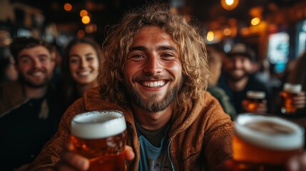 Young people with beer in hands cheer football game together at bar