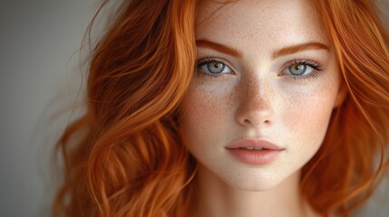 Fototapeta premium Young woman with flowing red hair and soft makeup