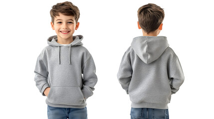 Portrait of a happy handsome american kid boy, wearing a gray hoodie sweater and jeans, front and back view, mockup concept