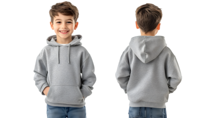 Portrait of a happy handsome american kid boy, wearing a gray hoodie sweater and jeans, front and back view, mockup concept