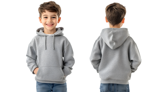Portrait of a happy handsome american kid boy, wearing a gray hoodie sweater and jeans, front and back view, mockup concept