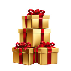 Obraz premium Golden gift boxes with red ribbons, stacked on top of each other, isolated on a Transparent background,