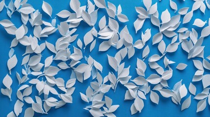 White paper leaves blue background flatlay