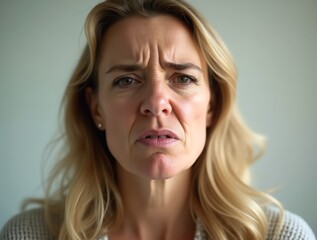 Woman wrinkling her nose and pursing her lips in disgust