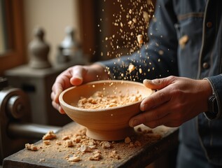 Woodturner holding wooden bowl with wood shavings falling