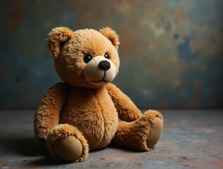 Worn teddy bear sitting alone on a textured floor