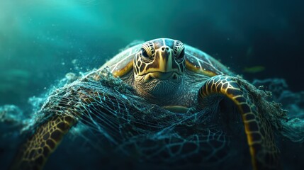 Fototapeta premium Sea turtle trapped, ocean debris, conservation