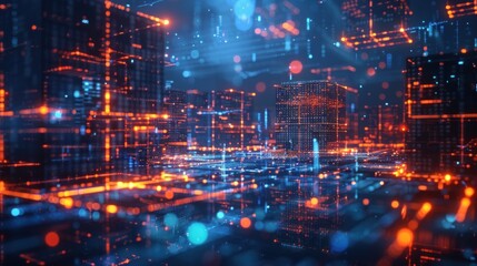 Obraz premium Futuristic city data flow, digital night cityscape, glowing network, tech background, website banner