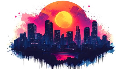 Fototapeta premium Vibrant Digital Cityscape with Dramatic Sunset and Moody Skyline