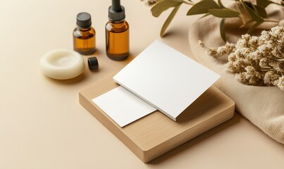 Minimalist branding mockup with natural skincare products and blank cards