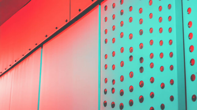 Abstract design of red and blue vinyl wall with chrome detailing for modern interior aesthetics - Powered by Adobe