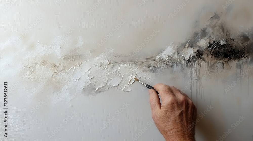 Poster hand applying paint to a textured canvas in a soft color palette