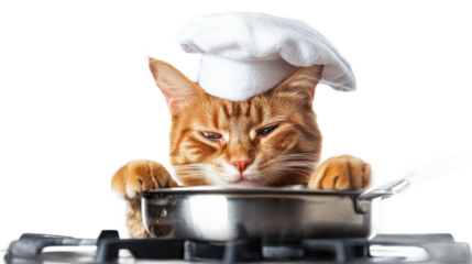 A playful orange cat wearing a chef's hat curiously gazes into a pot on a stove, creating a whimsical kitchen scene