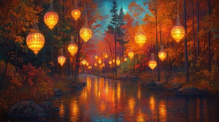 Enchanted Autumn River: A Night of Illuminated Dreams