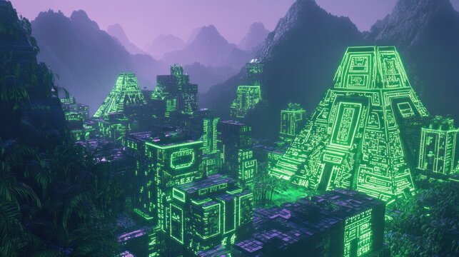 Futuristic Mayan city, glowing green, mountain backdrop, digital art, game asset