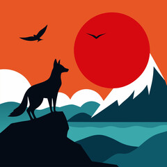 Vector illustration of a fox standing on a rock