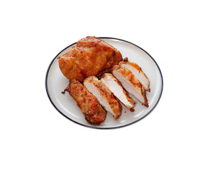 Grilled chicken breast slices in a die-cut plate, translucent background