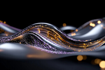 Futuristic neon circuit board with electric currents traveling along vibrant, translucent paths in bright yellow, purple, and green colors, creating an energetic high-tech visual