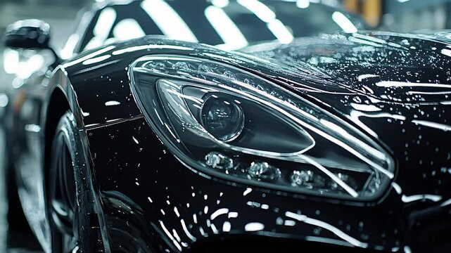 a car service worker polishing a black luxury car hood, focusing on the precision and expertise in automotive care at an auto repair shop.