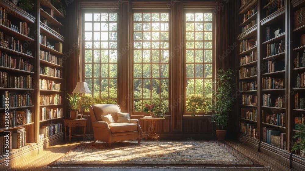 Poster A cozy library with large windows, filled with books and greenery, creating a serene and inviting reading space.