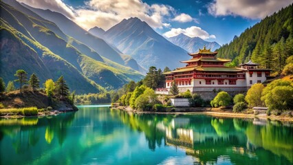 Fototapeta premium Serene Tibetan monastery amidst majestic Himalayan peaks