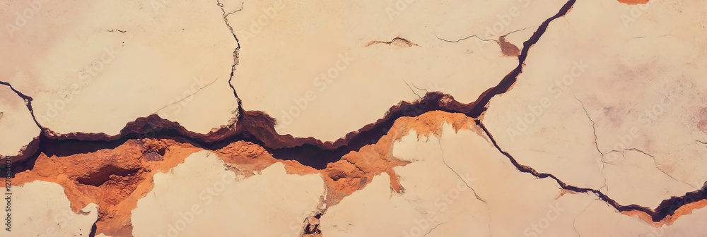 Aufkleber textured beige plaster wall with deep cracks for design and art projects