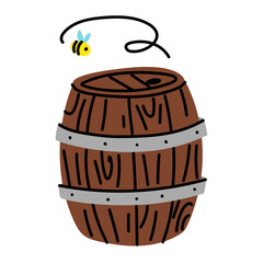 wooden barrel with a bee. A barrel filled with honey, over which a bee hovers. The bee feels honey. The beauty of beekeeping, the purity of honey and the importance of bees in the ecosystem of nature.
