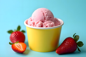Strawberry ice cream in a yellow paper cup There were fresh strawberries lying around. There are toppings on the ice cream. There is a blue background